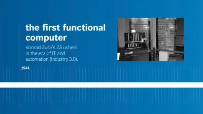 Binary image oft he first computer with a mark on the timeline at 1941 on a blue background.