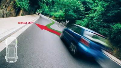 Car driving on the road, arrows for with or without ESP® show different cases. Topic: oversteer.