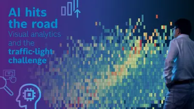 Liu Ren is standing in front of a display showing a data visualization. This visualization consists of different colored boxes representing the data analysis of the AI. Next to it the text: “AI hits the road. Visual analytics and the traffic-light challenge”.