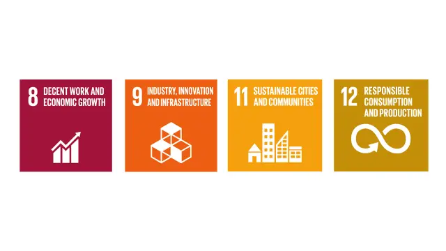 Icons of the Sustainable Development Goals of the United Nations: 8 Decent Work and Economic Growth; 9 Industry, Innovation and Infrastructure; 11 Sustainable Cities and Communities; 12 Responsible Consumption and Production.