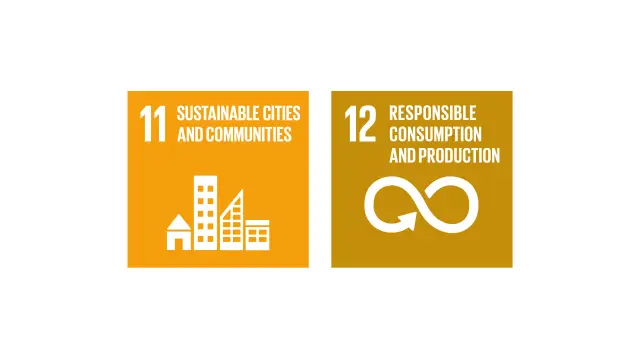 Icons of the two Sustainable Development Goals of the United Nations: "11 Sustainable Cities and Communities" and "12 Responsible Consumption and Production".