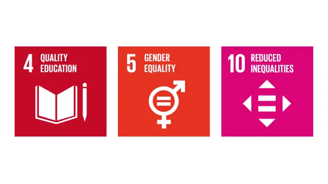 Icons of the three Sustainable Development Goals of the United Nations: "4 Quality Education", "5 Gender Equality" and "10 Reduced Inequalities".
