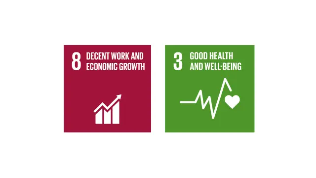Icons of the United Nations Sustainable Development Goals: No. 3 Good Health and Wellbeing; No. 8 Decent Work and Economic Growth.