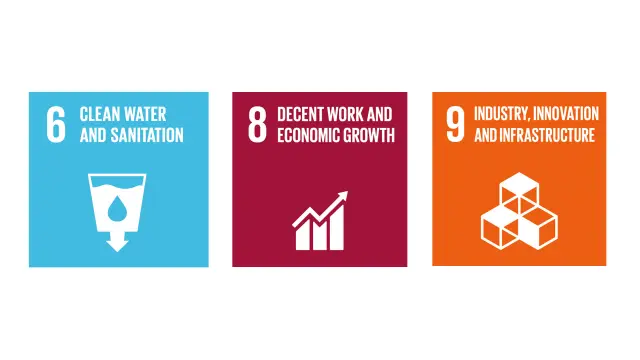 Icons of the United Nations Sustainable Development Goals: 6 Clean Water and Sanitation; 8 Decent Work and Economic Growth; 9 Industry, Innovation and Infrastructure.