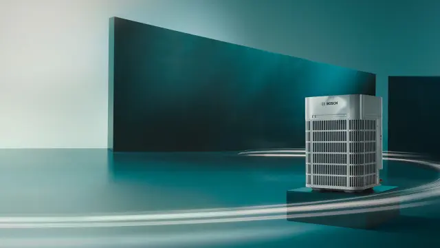 Klimaanlage in einem modernen, minimalistischen Umfeld mit türkis- und dunkelgrünen Tönen.