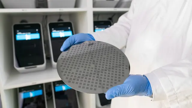 Person im Laborkittel und Handschuhen hält einen Siliziumwafer mit Mikrochips in einem Labor.