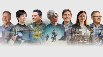 Row of people with scenes of work, mobility, cycling, warehouses, and industrial equipment.