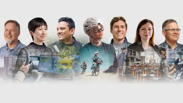 Row of people with scenes of work, mobility, cycling, warehouses, and industrial equipment.