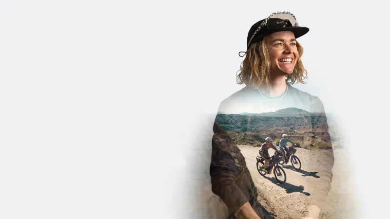 Person wearing a cap on a light background, overlaid with two cyclists riding on a gravel path.