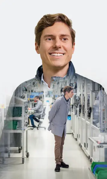 Person on a light background, overlaid with a person inside a production facility.