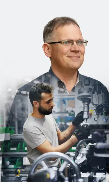 Person on a light background, overlaid with an industrial work scene at a machine. 