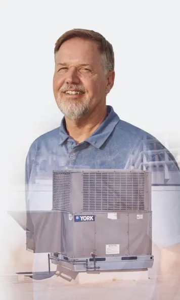 Person on a light background, overlaid with a technical unit installed outdoors.