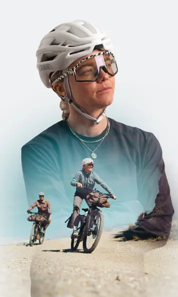 Person wearing a helmet, overlaid with two cyclists riding on a gravel path.