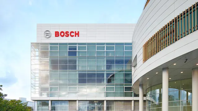 Exterior view of a Bosch office building with glass facade.