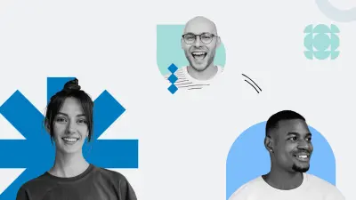 Drei lächelnde Menschen in einem modernen, abstrakten Design mit blauen geometrischen Elementen im Hintergrund.