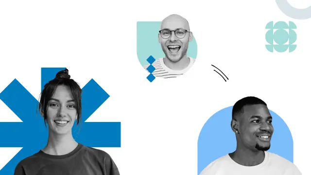 Drei lächelnde Menschen in einem modernen, abstrakten Design mit blauen geometrischen Elementen im Hintergrund.