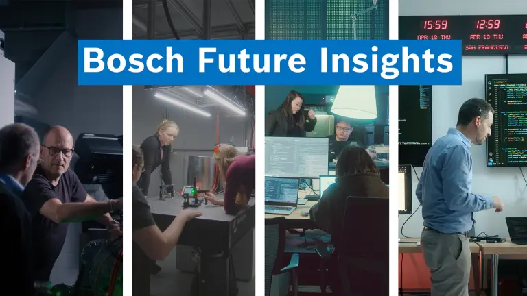 Vier Bilder zeigen Bosch-Mitarbeitende bei der Arbeit an verschiedenen Technologieprojekten: Mobilität, Quanten-Technologie, Software-Entwicklung und künstliche Intelligenz. Der Text lautet „Bosch Future Insights“.