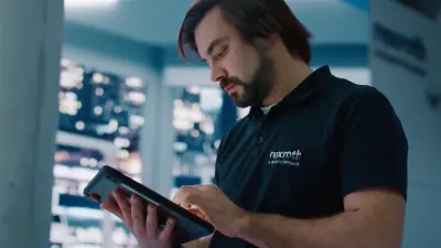 Antriebs- und Steuerungstechnik: ein Mann im Poloshirt mit Bosch Rexroth Logo schaut auf ein Tablet.