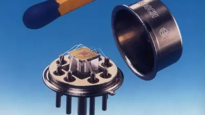 A milestone in chip development: the intake manifold pressure sensor for engine management combined a sensor element with a circuit on a small chip for the first time, 1994.