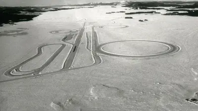 Aerial view of the Bosch test track on the ice near Arjeplog, 1977.