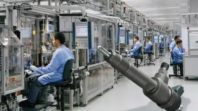 Workshop with glazed transport rails, screens and workers sitting one behind the other