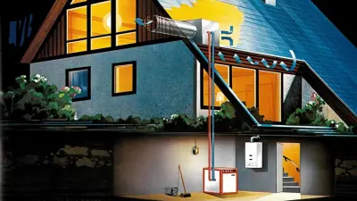 Farbzeichnung und Teilquerschnitt eines Einfamilienhauses mit Wärmepumpe im Keller