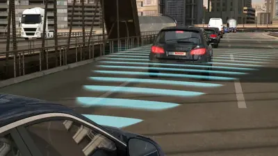 Fahrzeuge auf einer Brücke mit visualisierten Radarwellen