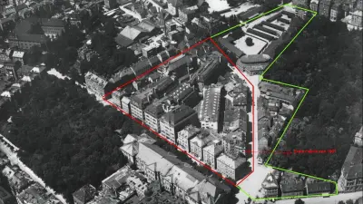 View from above of the buildings and neighborhood forests.