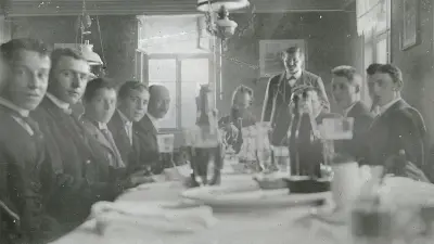 Robert Bosch and his employees celebrating magneto no. 1000 with lunch after an excursion, 1896