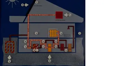 Querschnittsdarstellung mit der Silhouette eines Hauses, mit Linien und Symbolen