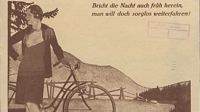 Drawing of a woman travelling alone on her bike in the countryside