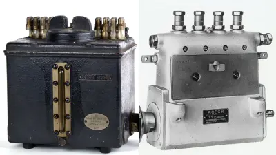 Links schwarzer Metallbehälter, rechts ein helles Metallobjekt mit 4 Streben nach oben