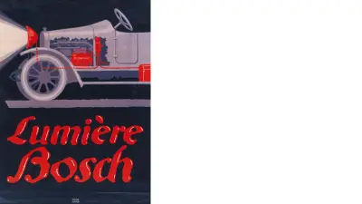 Advertising poster labeled Lumière Bosch with side view of a car and highlighted components of the Bosch light.
