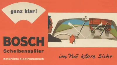 Advertising leaflet showing a view over the shoulder of a car driver; windshield is sprayed with a liquid