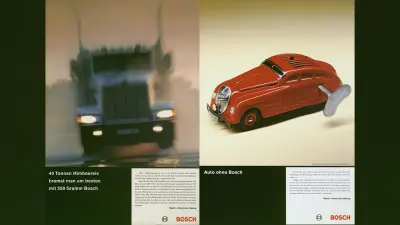 Two Bosch advertising posters with truck and Schuco toy car