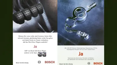 Two Bosch advertising posters with gas pedals and key fob