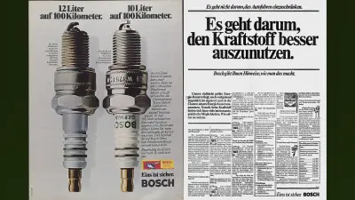 Two Bosch advertisements with lots of text promoting economical products New message in advertising 