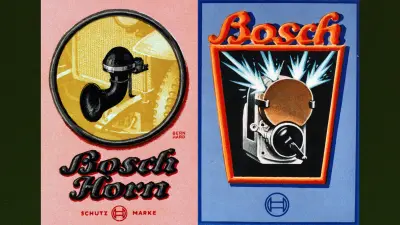 Two advertising posters for the Bosch horn and Bosch automotive lighting system and starter