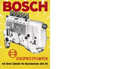 Werbeschild Reiheneinspritzpumpe von Bosch mit gelbem Hintergrund