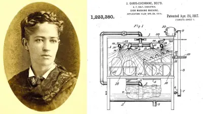 Portrait of Josephine Cochrane, with technical drawing next to it