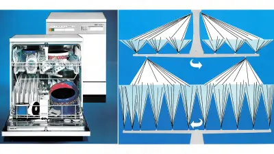Photo of a closed and an open appliance loaded with dishes, next to it a drawing of the spray system