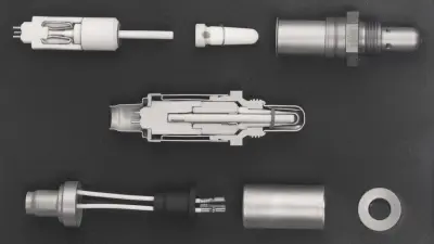 A lambda sensor cut open, with its individual components placed above and below