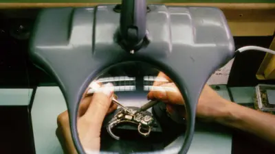 Workplace in hearing aid assembly. Through a large magnifying glass, the hands of a worker can be seen soldering the electronics.