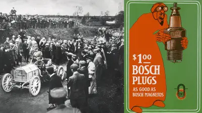 Camille Jenatzy in a car and as advertising figure, 1903