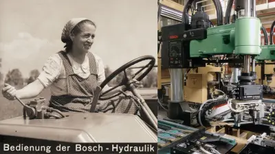 Bäuerin auf einem Traktor und Schwenkarmroboter in der Fertigung