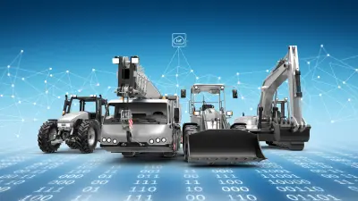 Traktor, Kranwagen, Radlader und Bagger vor Hintergrundgestaltung mit 0 und 1