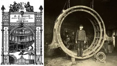 Arbeiter steht in ringförmigen Statorenteil, daneben frühe Werbeanzeige