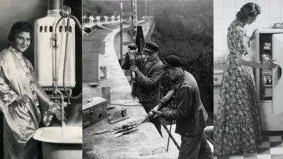 Three summarised images of a woman with a bathroom hot water boiler, two men with hammer drills in road construction and a woman in front of a refrigerator