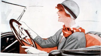 Drawing of a woman from the 1920s at the wheel