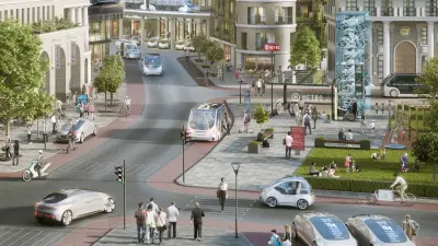 Futuristic urban landscape with many different modes of transport on the move and parked in designated areas